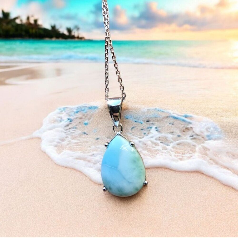 Beaux Bijoux ✦ Larimar Teardrop Sterling Silver Necklace ✦ 18" Chain Rhodium NWT